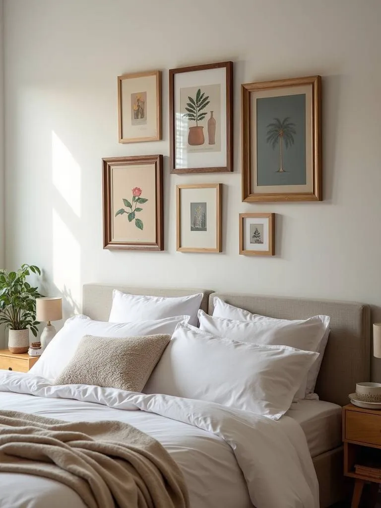 A bedroom with personalized wall art creating a unique space.