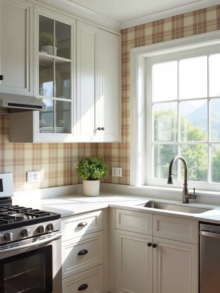 A kitchen featuring plaid pattern wallpaper