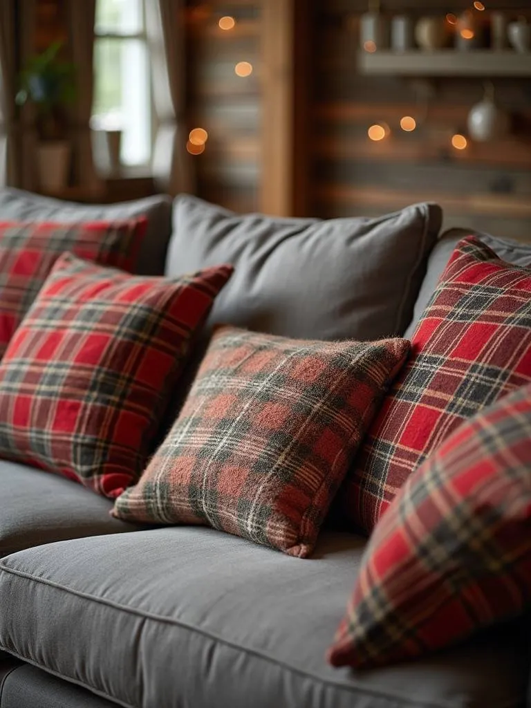 Plaid throw pillows on a sofa in a rustic living room.