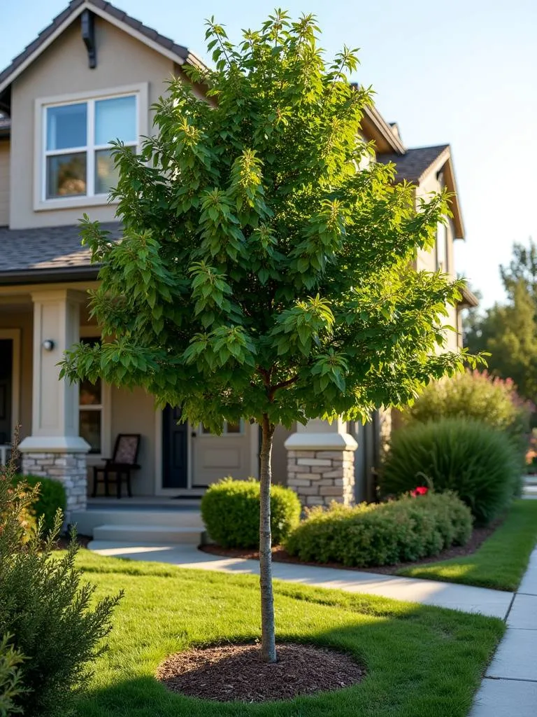 Ornamental tree in front yard with sunlight