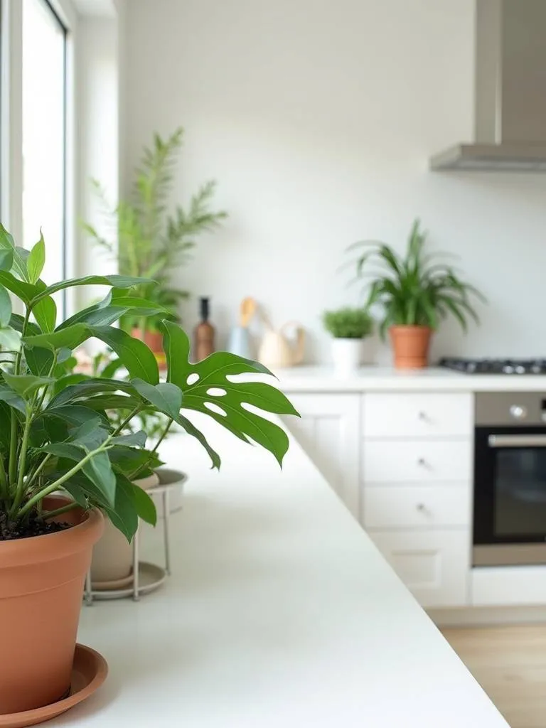 A modern kitchen decorated with potted plants bringing the outdoors in.