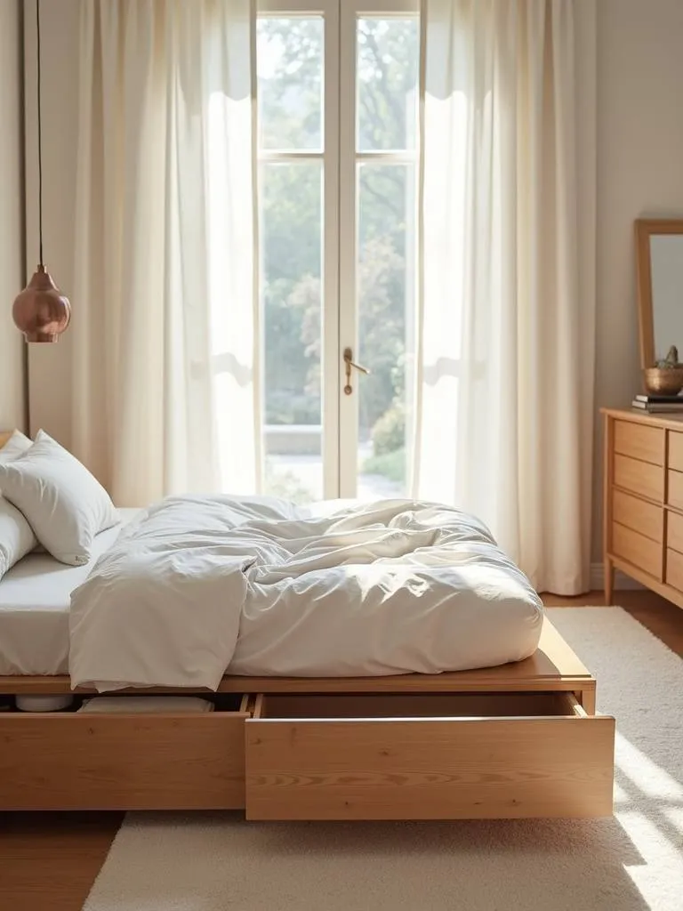 Overhead shot of a platform bed made of natural wood with built in open drawers.