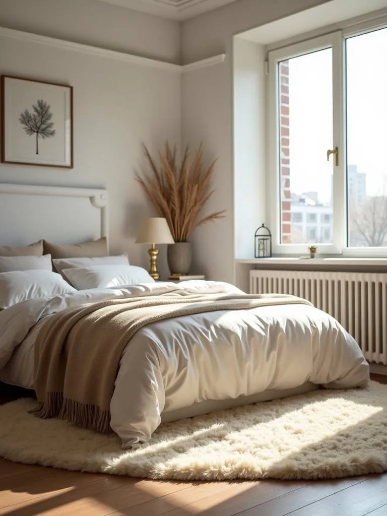 A plush rug adds warmth and texture to a cozy bedroom.