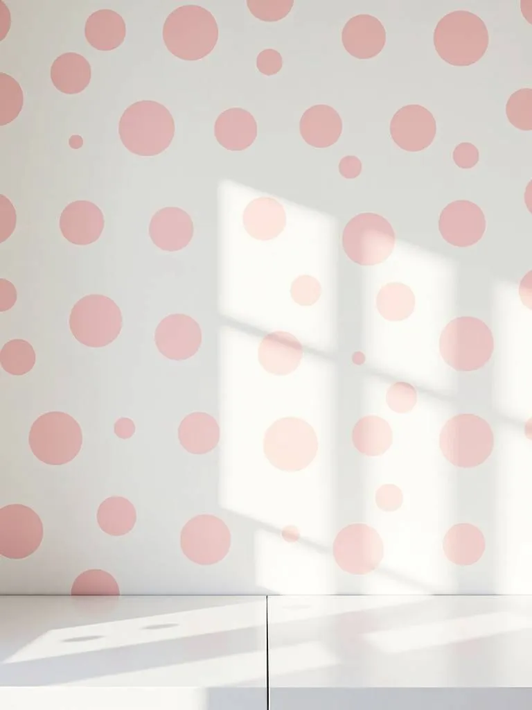 A kitchen with white wall and large pink polka dot wallpaper