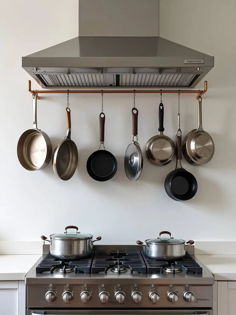 A pot rack over a cooktop.