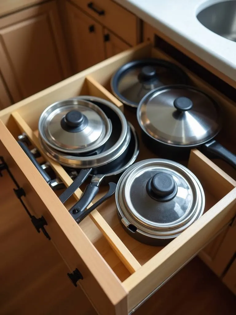 Image of a kitchen drawer with an integrated organizer holding multiple pots and pan lids