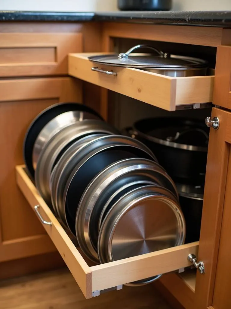 A pot and pan lid organizer inside a kitchen cabinet with various lids.