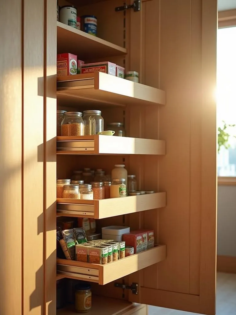 A pantry with pull-out shelves fully extended and stocked with food items
