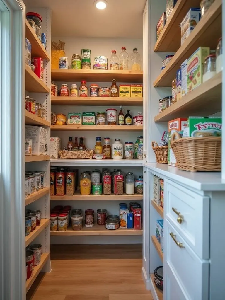 Image of pull-out pantry shelves neatly organizing various food items within a kitchen pantry