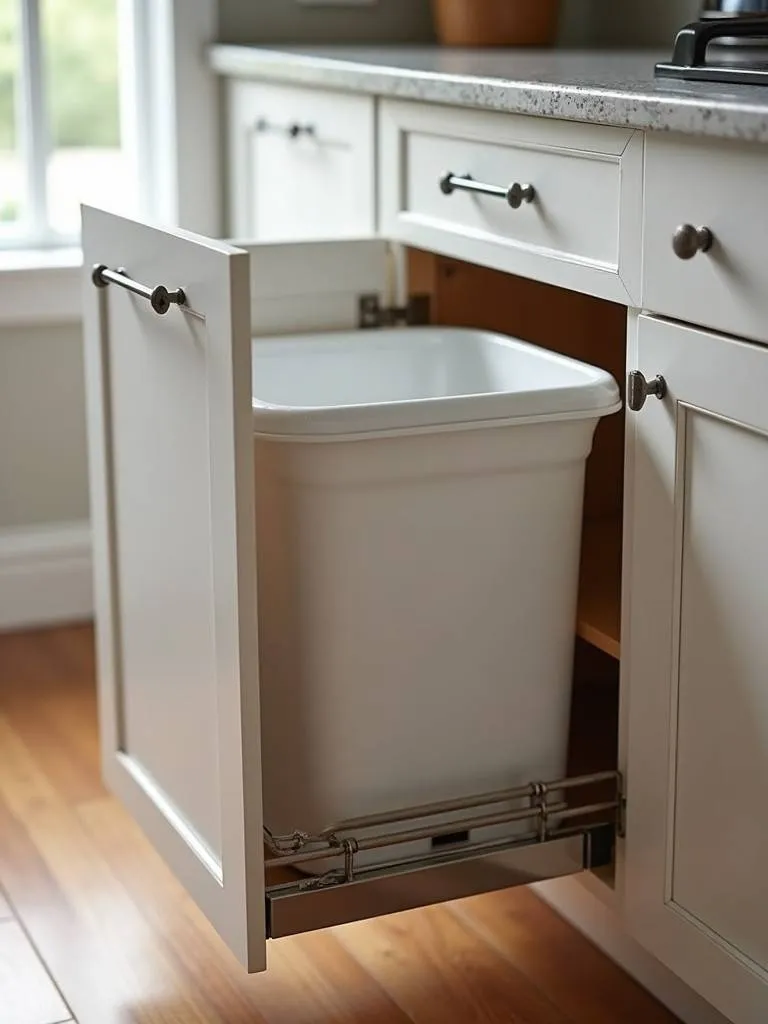A pull-out trash can extended from a kitchen cabinet