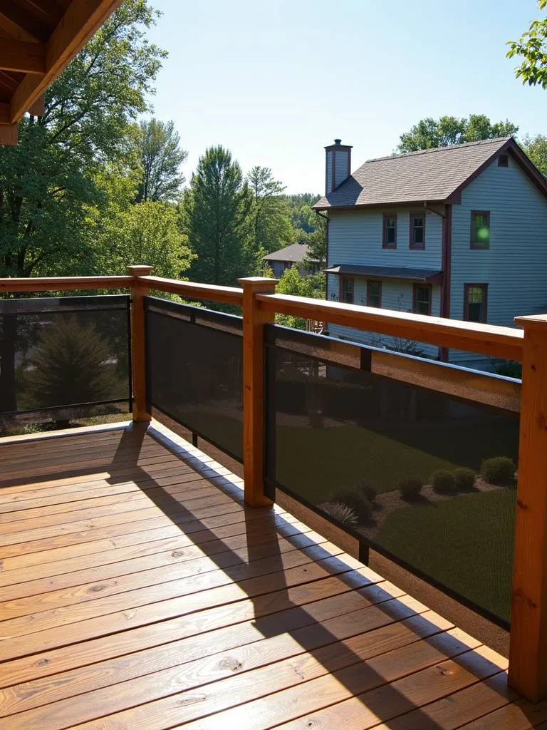 Deck railing system with built-in privacy screen, creating a sense of enclosure in an outdoor space.