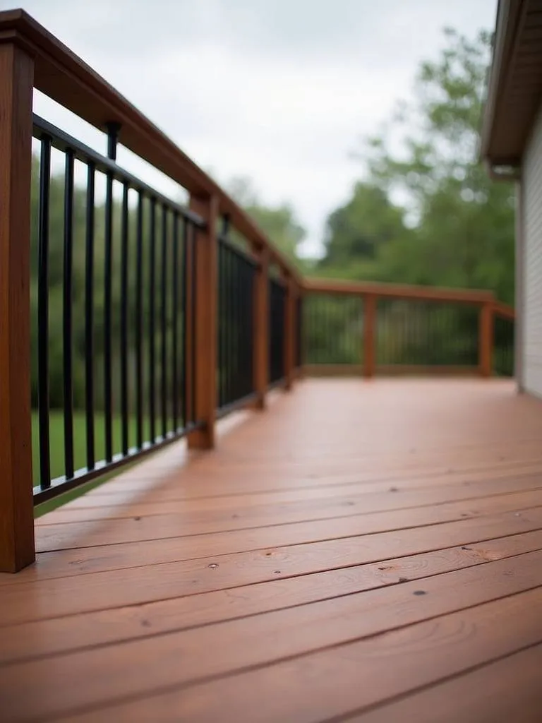 Unique curved deck railing adds architectural interest and softens the outdoor environment.