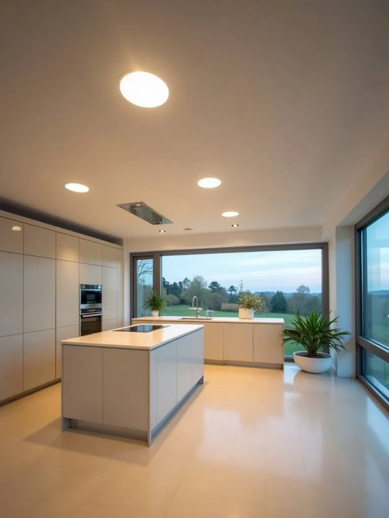 A well-lit modern kitchen with even ambient light from recessed fixtures.