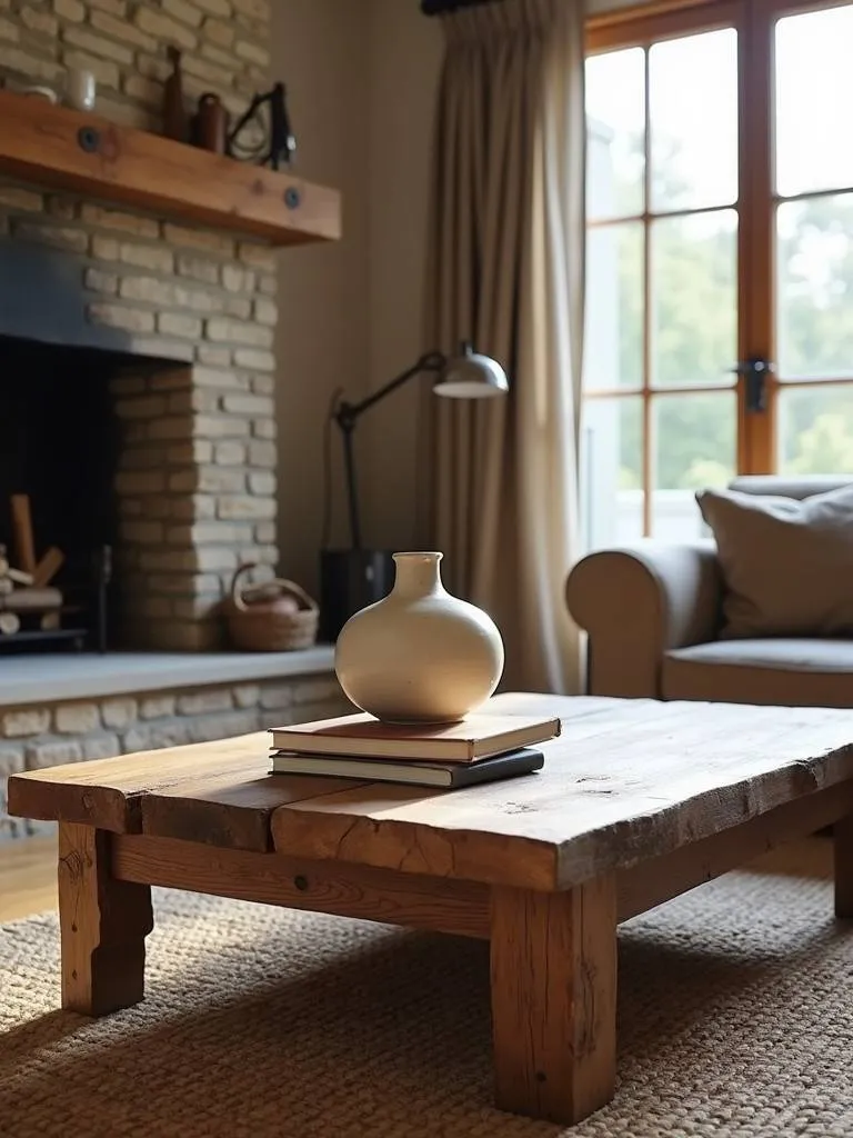 A rustic living room featuring a reclaimed wood coffee table as the centerpiece.