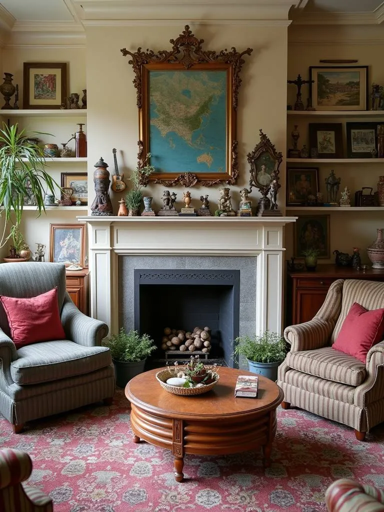 A unique and personalized living room, showcasing the personal decor and collections.