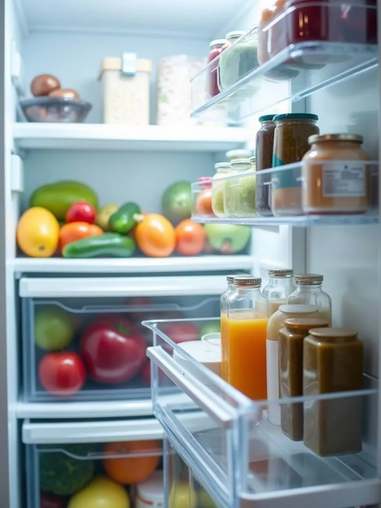 Image of refrigerator clear plastic bins and drawers used to organize fruits, vegetables, drinks and other food