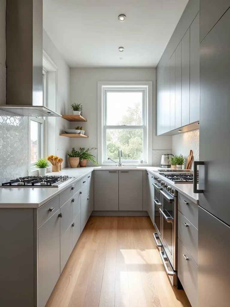 Modern kitchen featuring repainted light grey cabinets, stainless steel appliances and bright natural light.