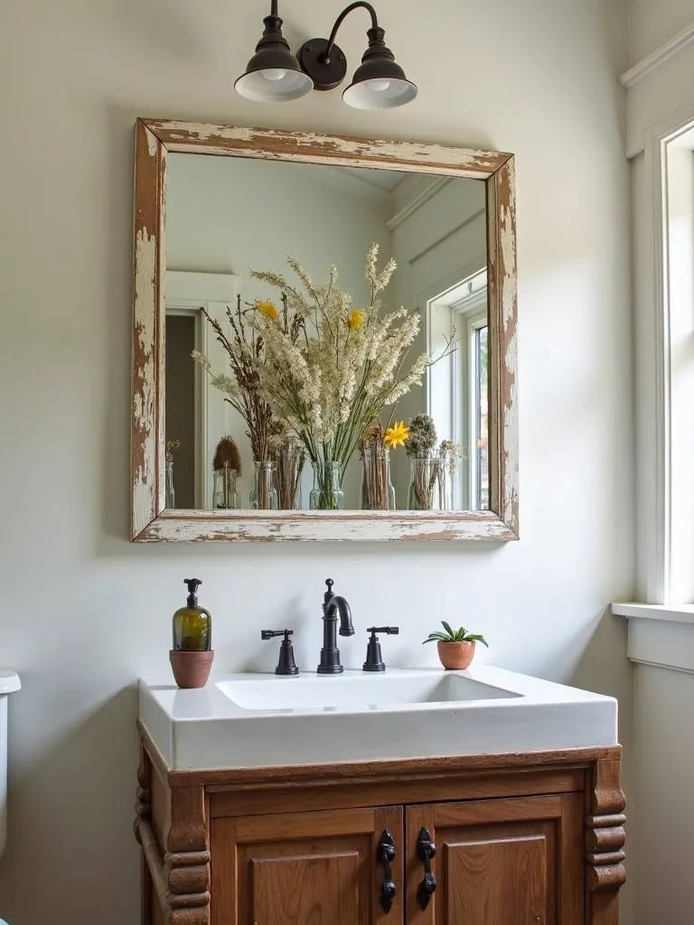 A rustic bathroom with a repurposed vintage window frame used as art.