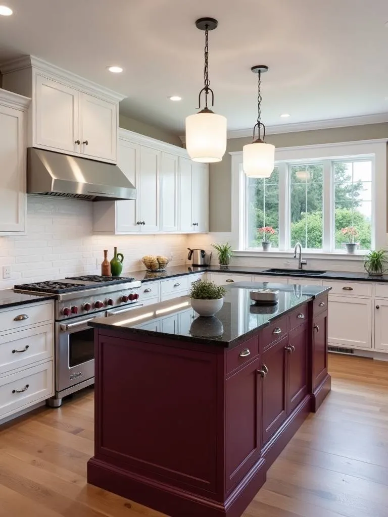 A luxurious white kitchen with a striking rich burgundy island, complemented by a black granite countertop