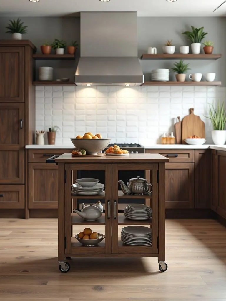 Rolling kitchen cart in a modern kitchen.