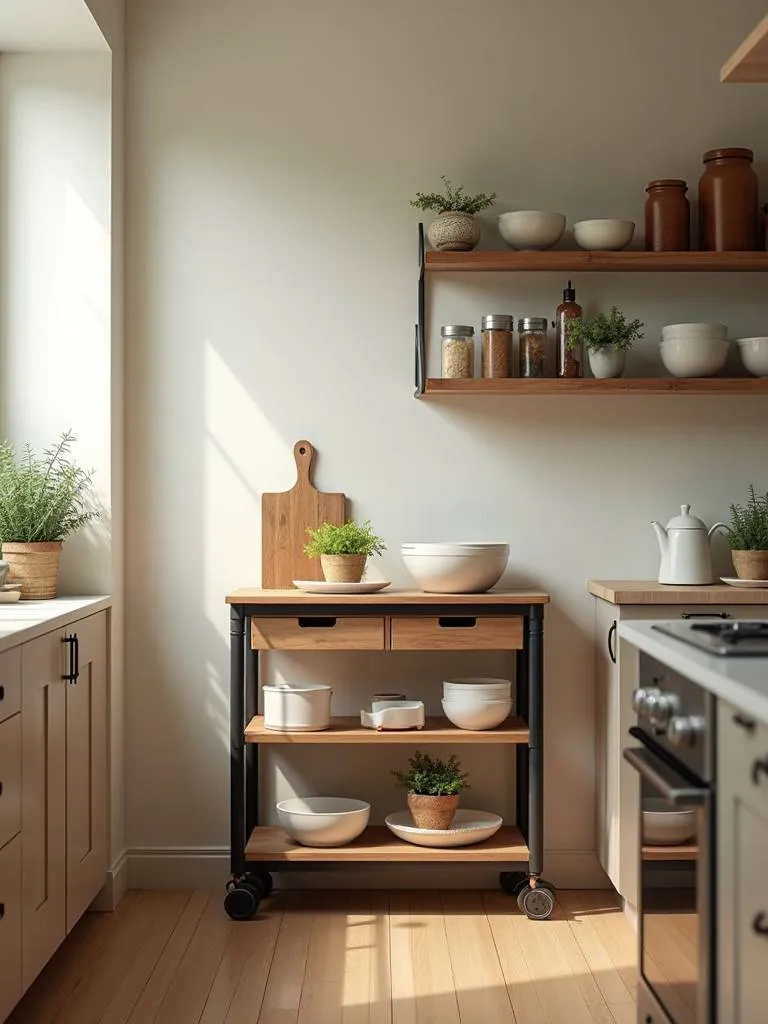 A rolling kitchen cart in a kitchen with various kitchen items on it.