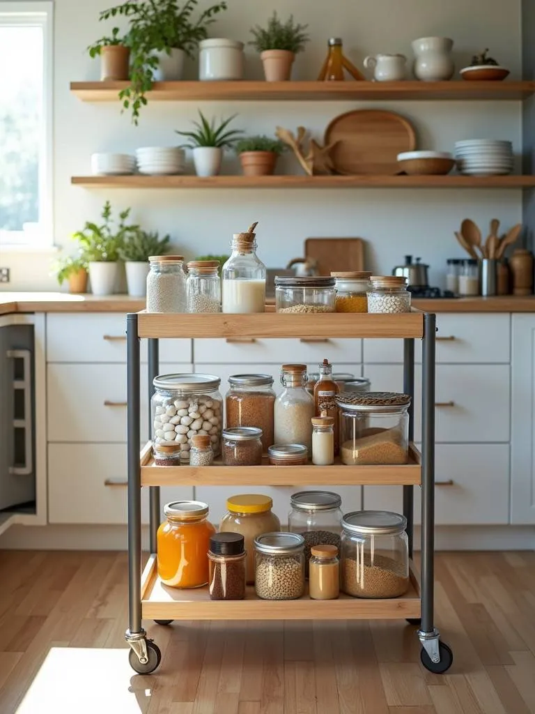 A rolling pantry cart stocked with kitchen items in a pantry