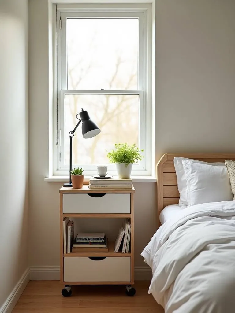 A metal rolling storage cart with plants, books, and a lamp in a contemporary bedroom.