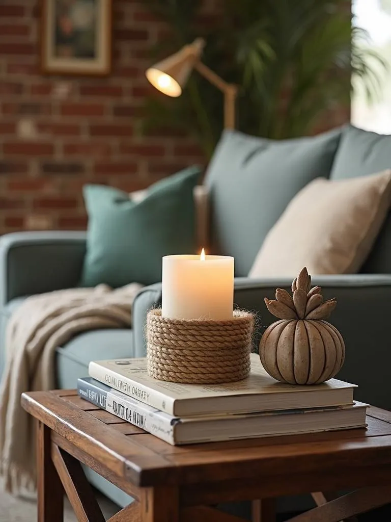 Rope accents incorporated into a rustic living room decor.