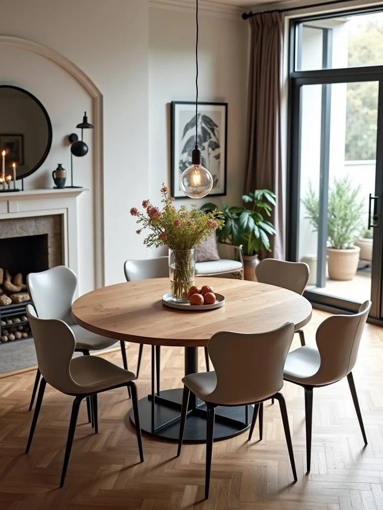 A round farmhouse table with a metal base in a brightly lit, modern dining area with stylish chairs