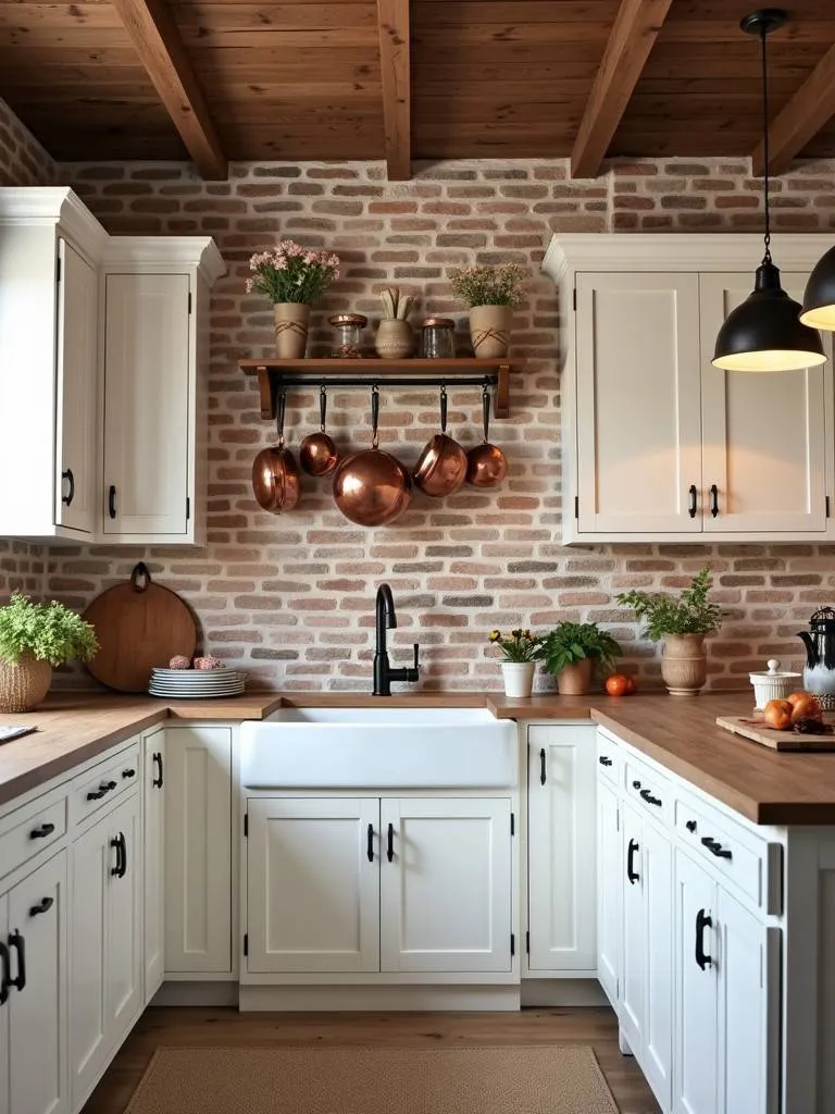 A rustic kitchen with white cabinets and a brick backsplash