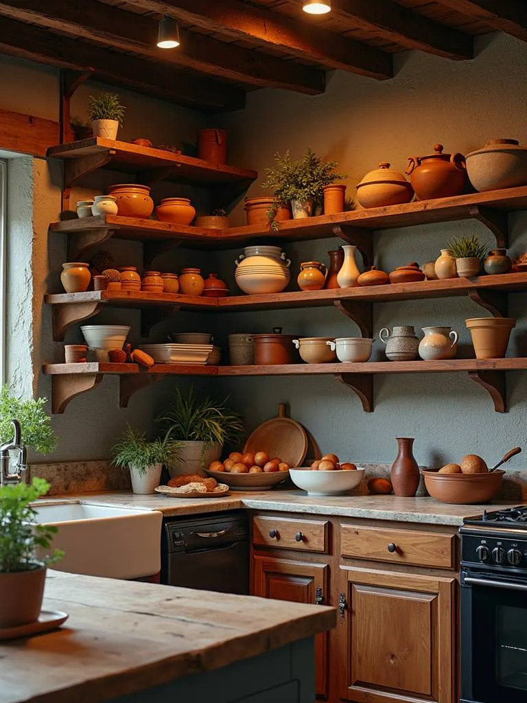 Rustic brown wooden shelves in a kitchen.