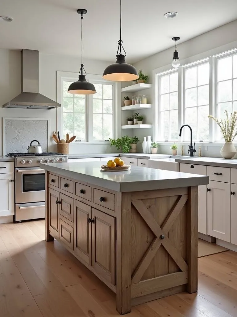 A farmhouse white kitchen with a charming rustic distressed wood island and a concrete countertop
