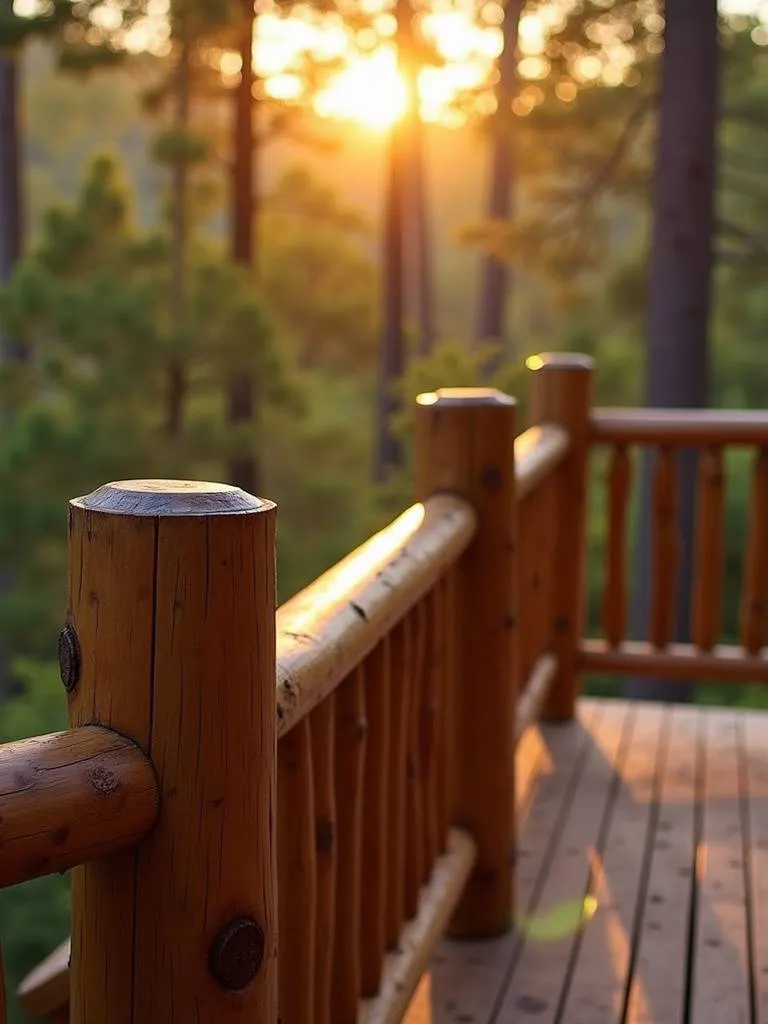 Rustic deck with log railing blending into the natural surrounding environment of trees and woodland setting.