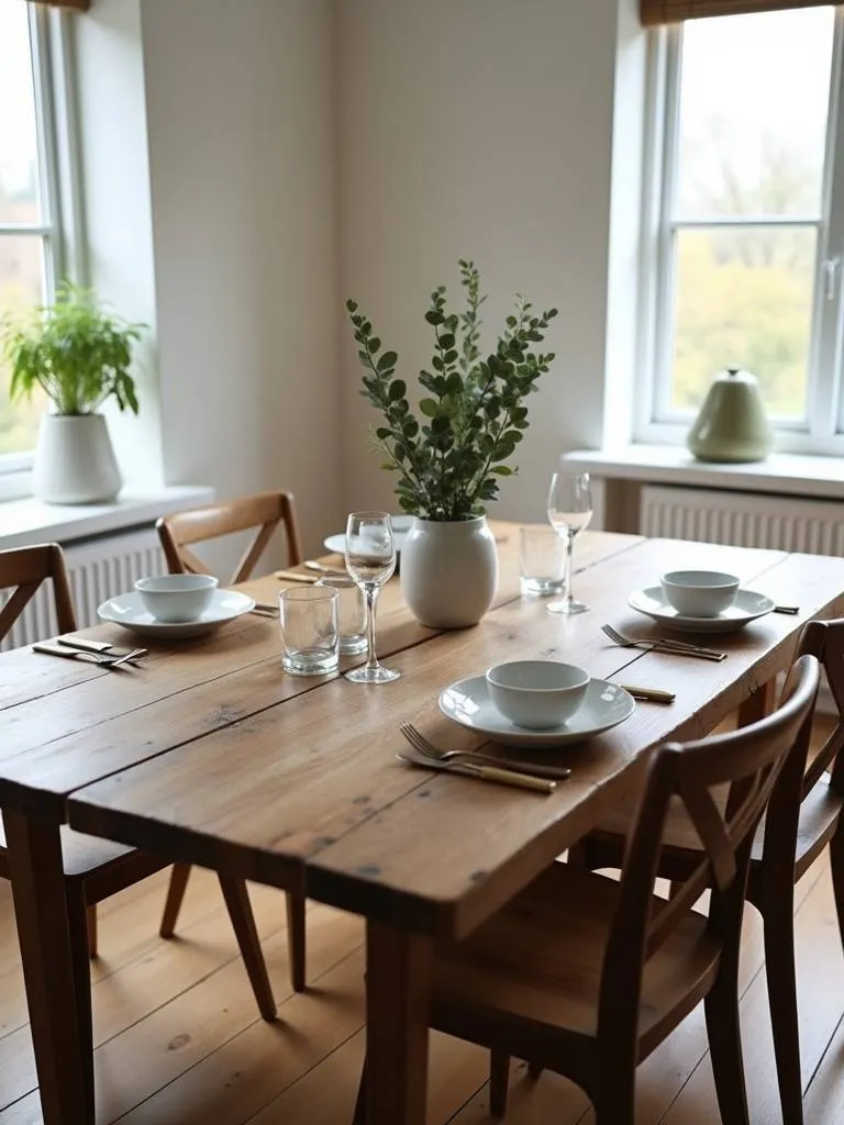 A rustic reclaimed wood farmhouse table in a warmly lit dining room, set for a meal