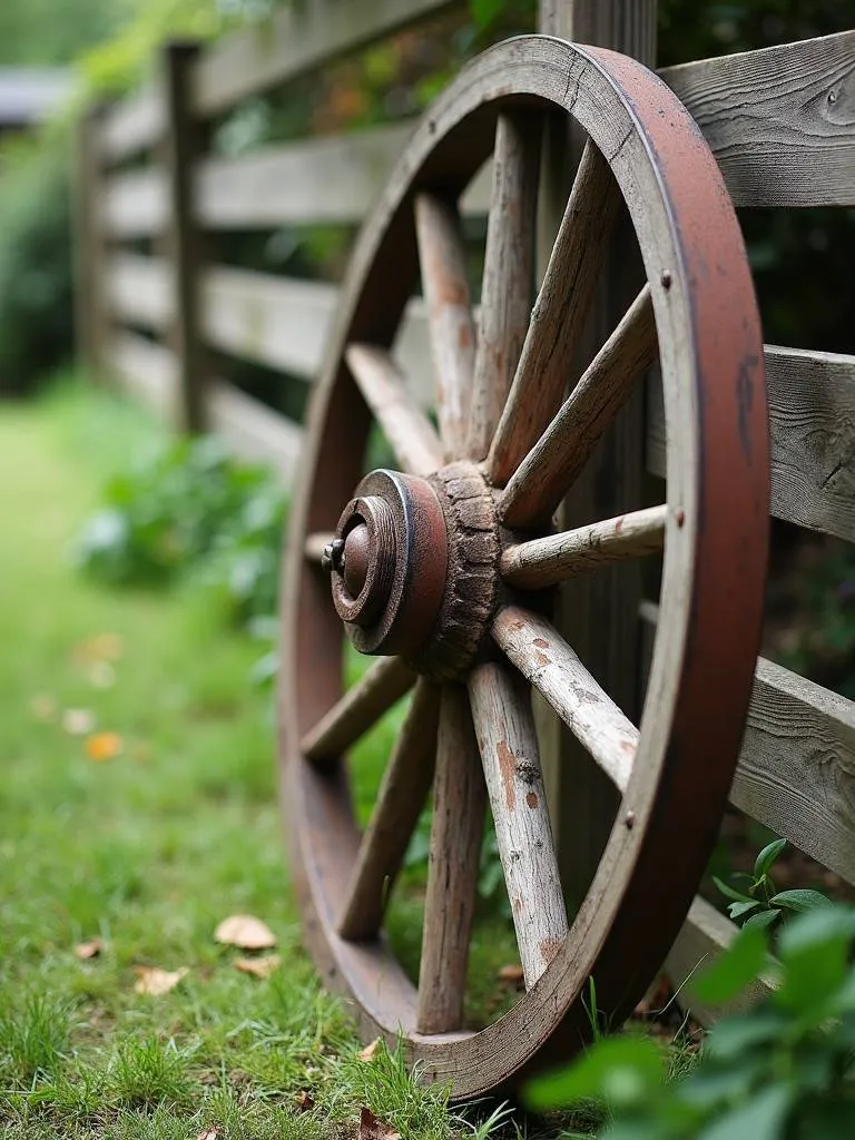 A rustic wagon wheel leaning against a wooden fence.