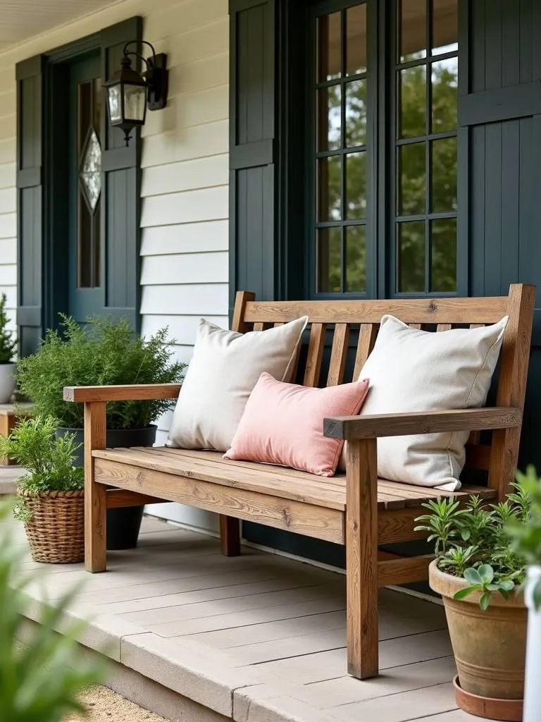 A rustic wooden bench on a front porch, styled with pillows and plants.