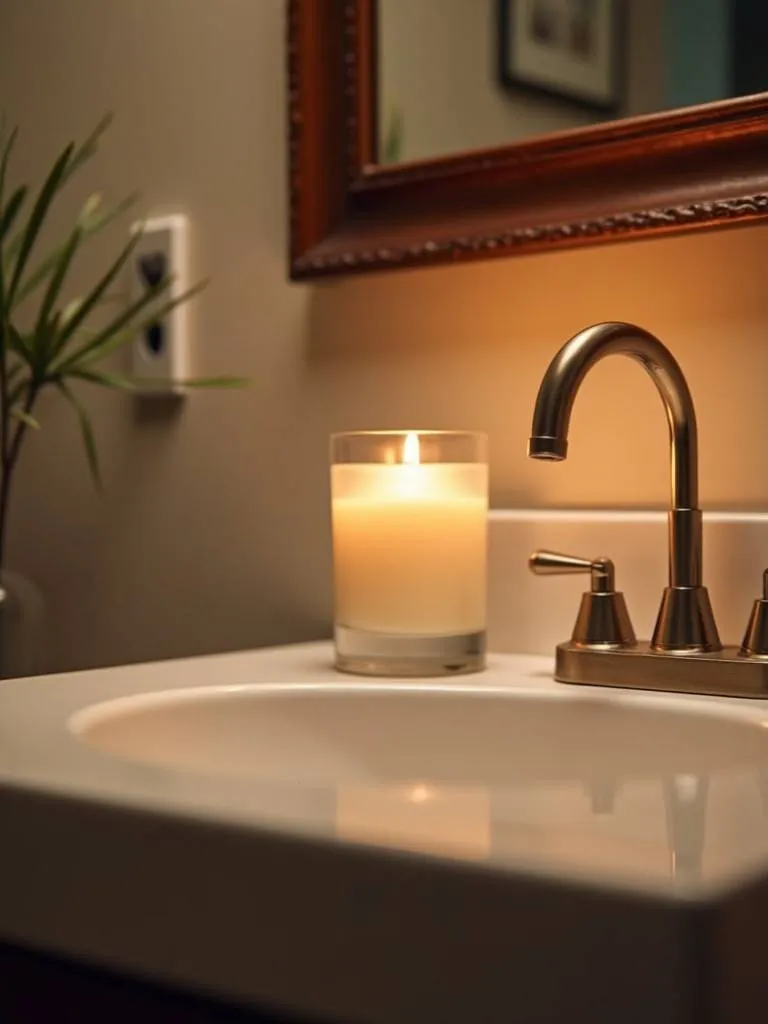 A bathroom vanity with a lit scented candle in a glass holder