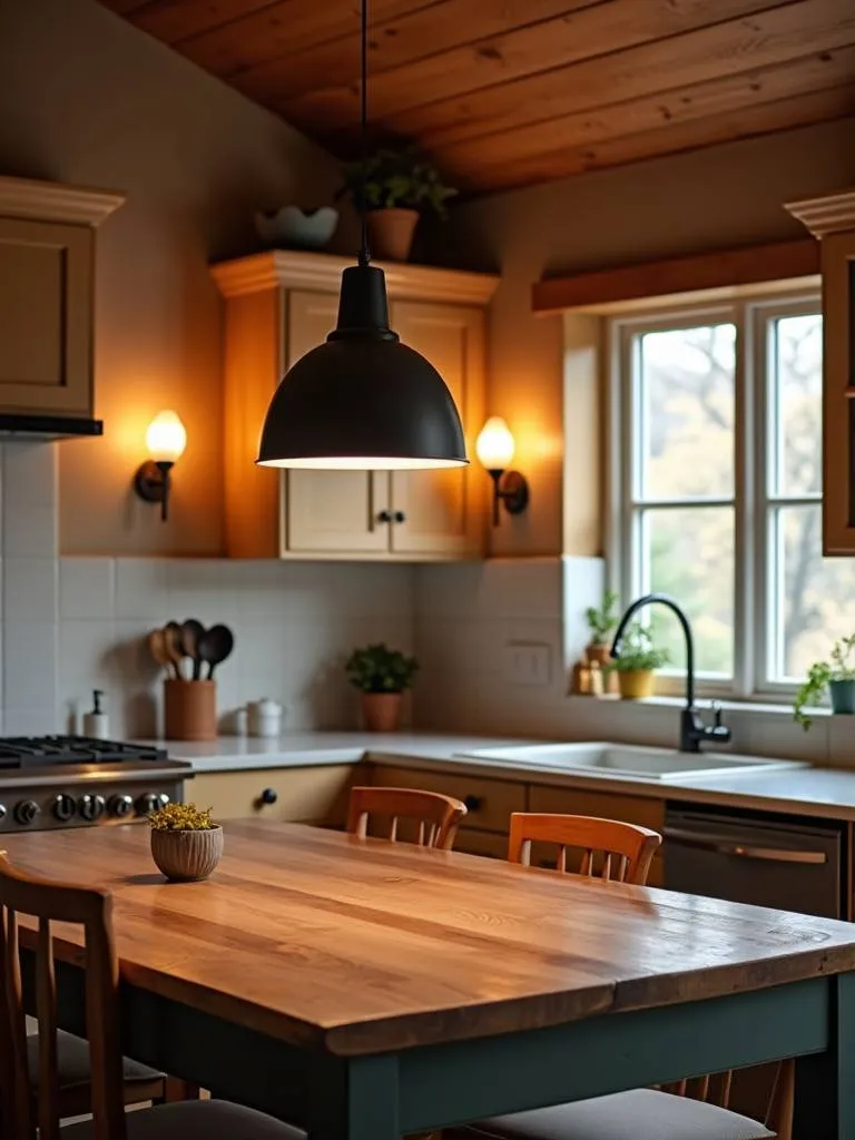 A cozy kitchen with wall sconces and a pendant light above the table.