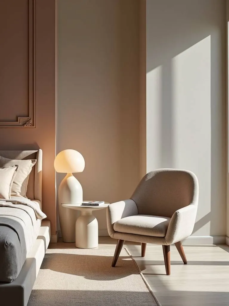 A modern bedroom featuring sculptural furniture pieces, adding an artistic and unique touch to the space