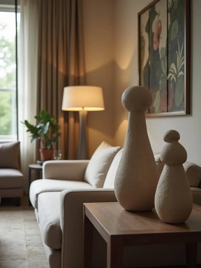 Sculptural objects displayed on a side table in a living room.