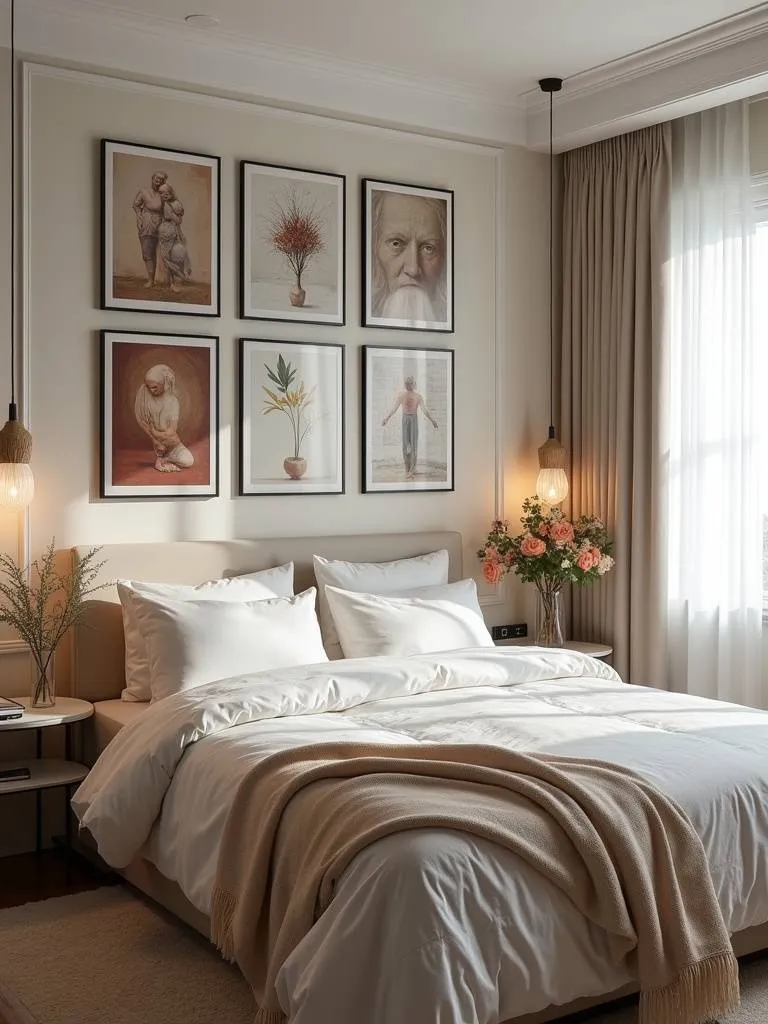 An inspiring bedroom decorated with carefully curated artwork, reflecting passions and enhancing its inviting atmosphere.