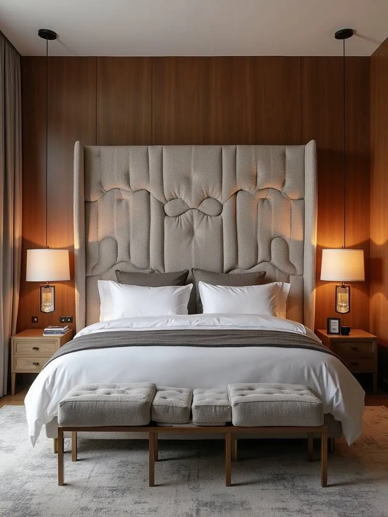 A stylish bedroom featuring a prominent statement headboard that adds elegance and character to the design.