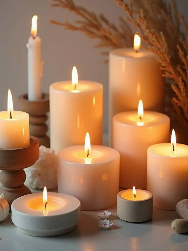 A close-up of various candles and candle holders creating a warm and inviting atmosphere