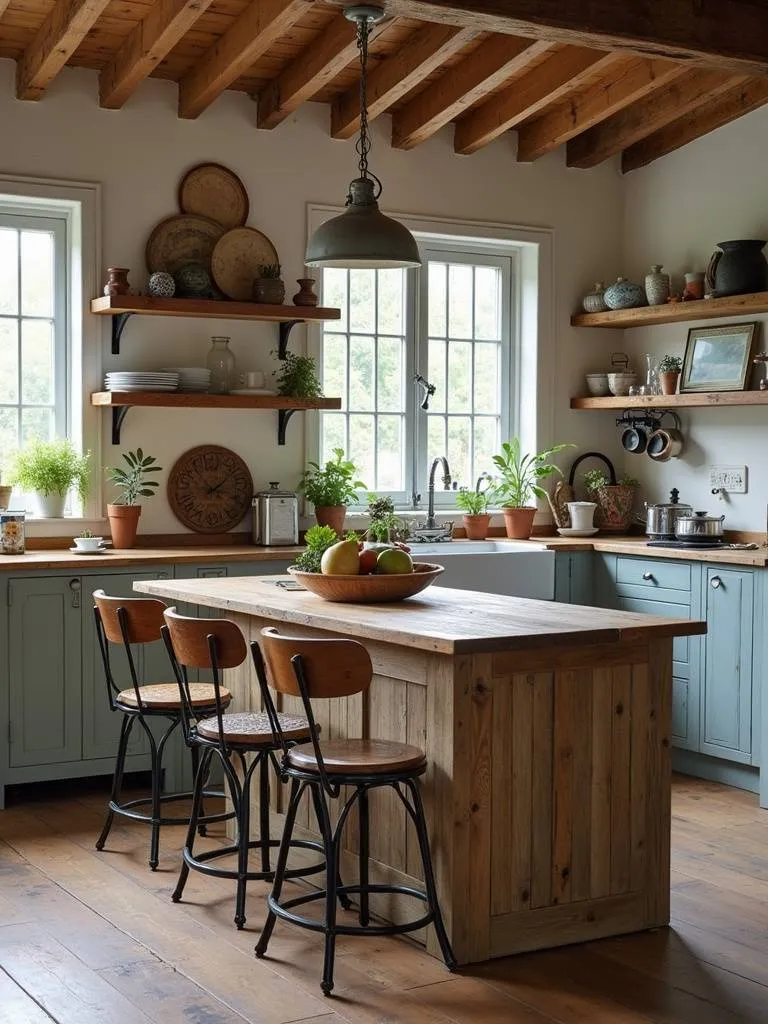 Eclectic kitchen featuring second hand furniture pieces and unique decor items.