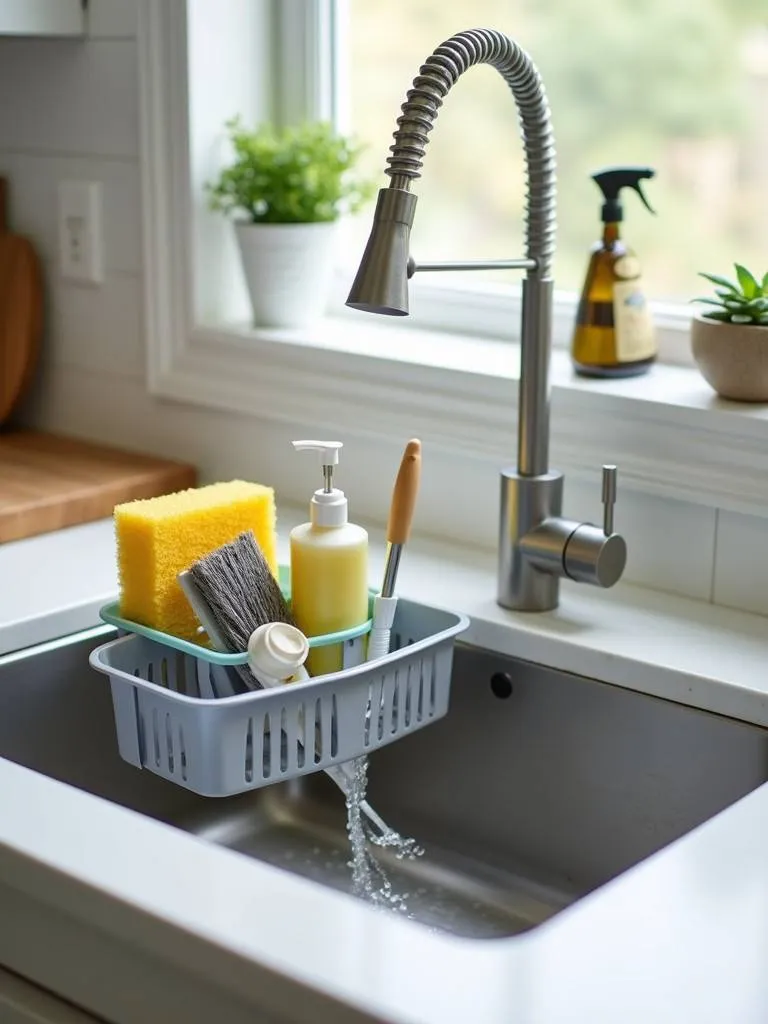A sink caddy organizer near a kitchen sink with cleaning supplies inside