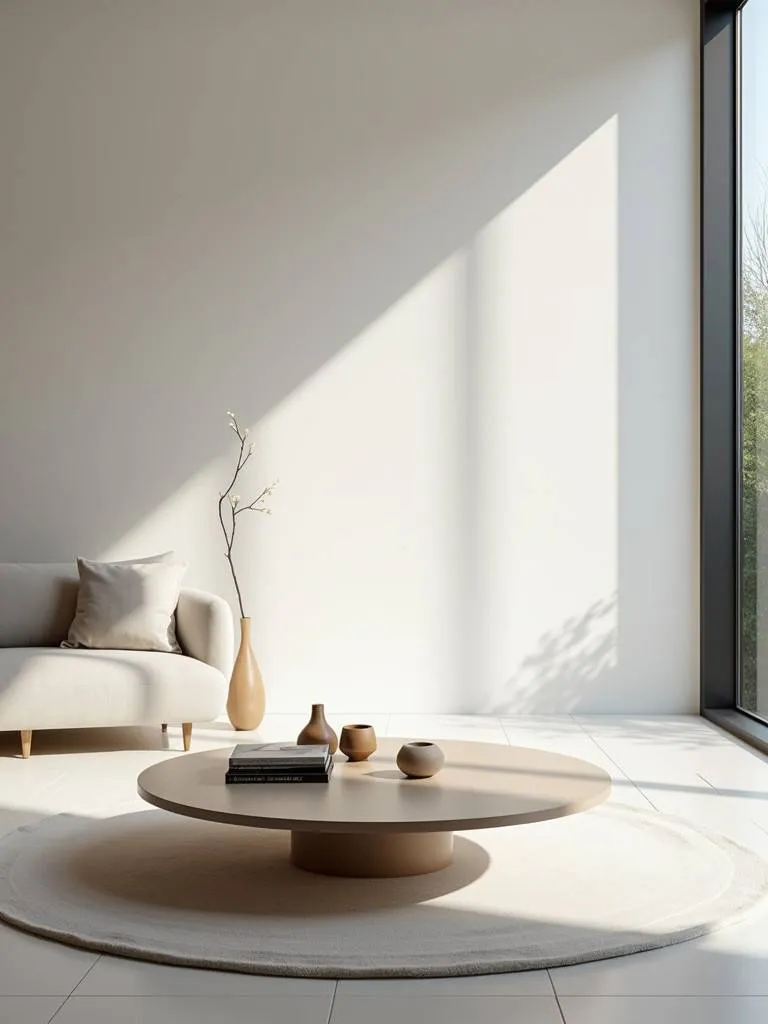 A sleek coffee table is the focal point of a minimalist living room.
