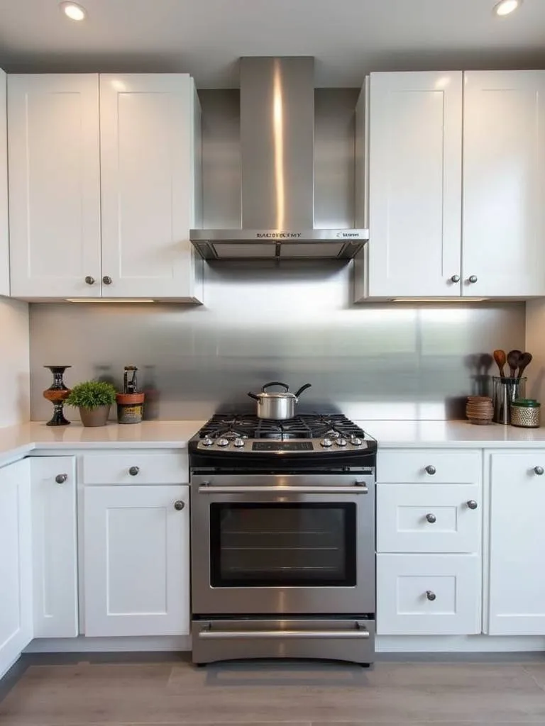 A kitchen with white cabinets and a stainless steel backsplash