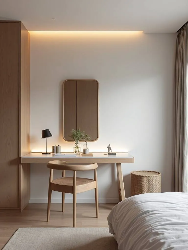 A modern bedroom featuring a sleek and functional vanity area with a wall-mounted mirror and minimal accessories