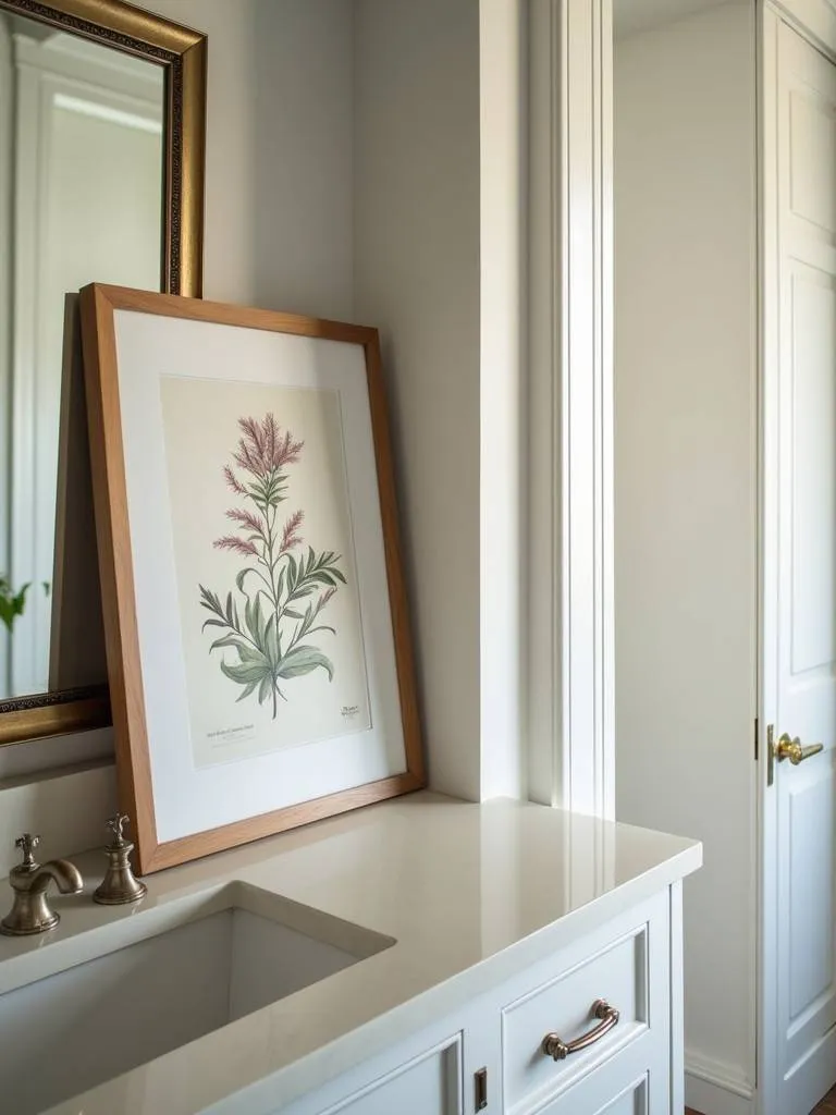 A framed botanical print leaning against a wall on a shelf inside a bathroom cabinet