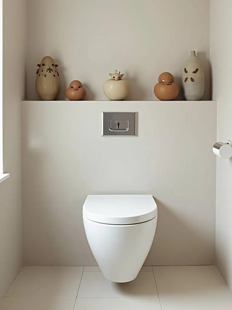 A modern bathroom with small ceramic sculptures displayed on a shelf above the toilet.